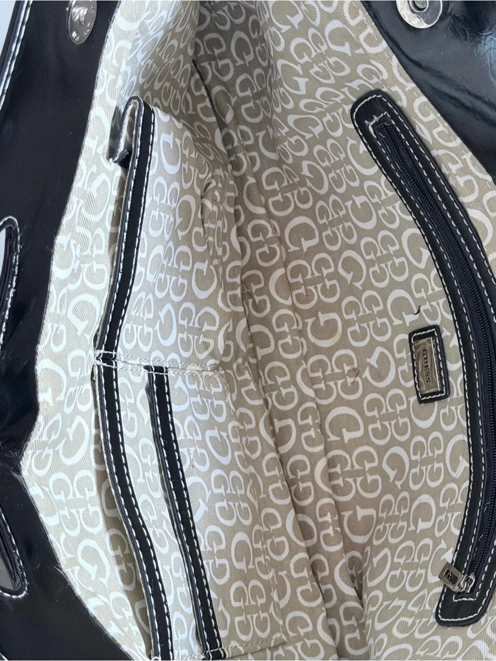 GUESS Black Patent Leather Clutch with Silver Plaque